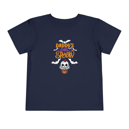 Toddler Halloween shirt stating 'Daddy's Little Spooky' in color navy