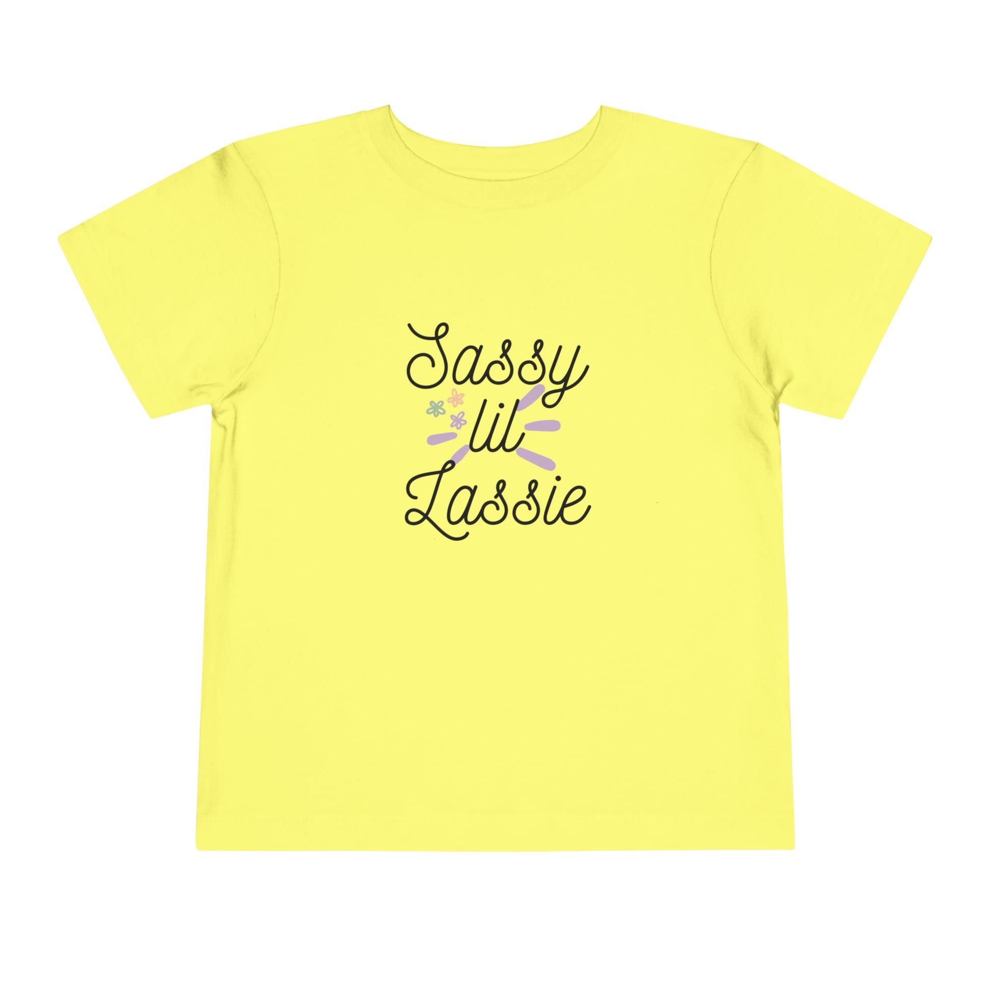 Comfortable funny graphic toddler tee stating 'Sassy Lil Lassie' in color  yellow