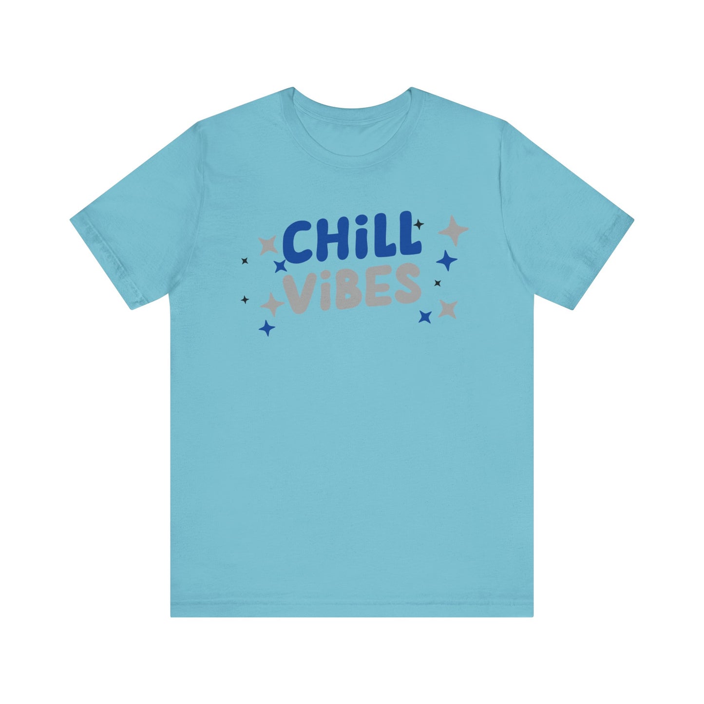 Cotton graphic tee stating 'Chill Vibes' in color turquoise
