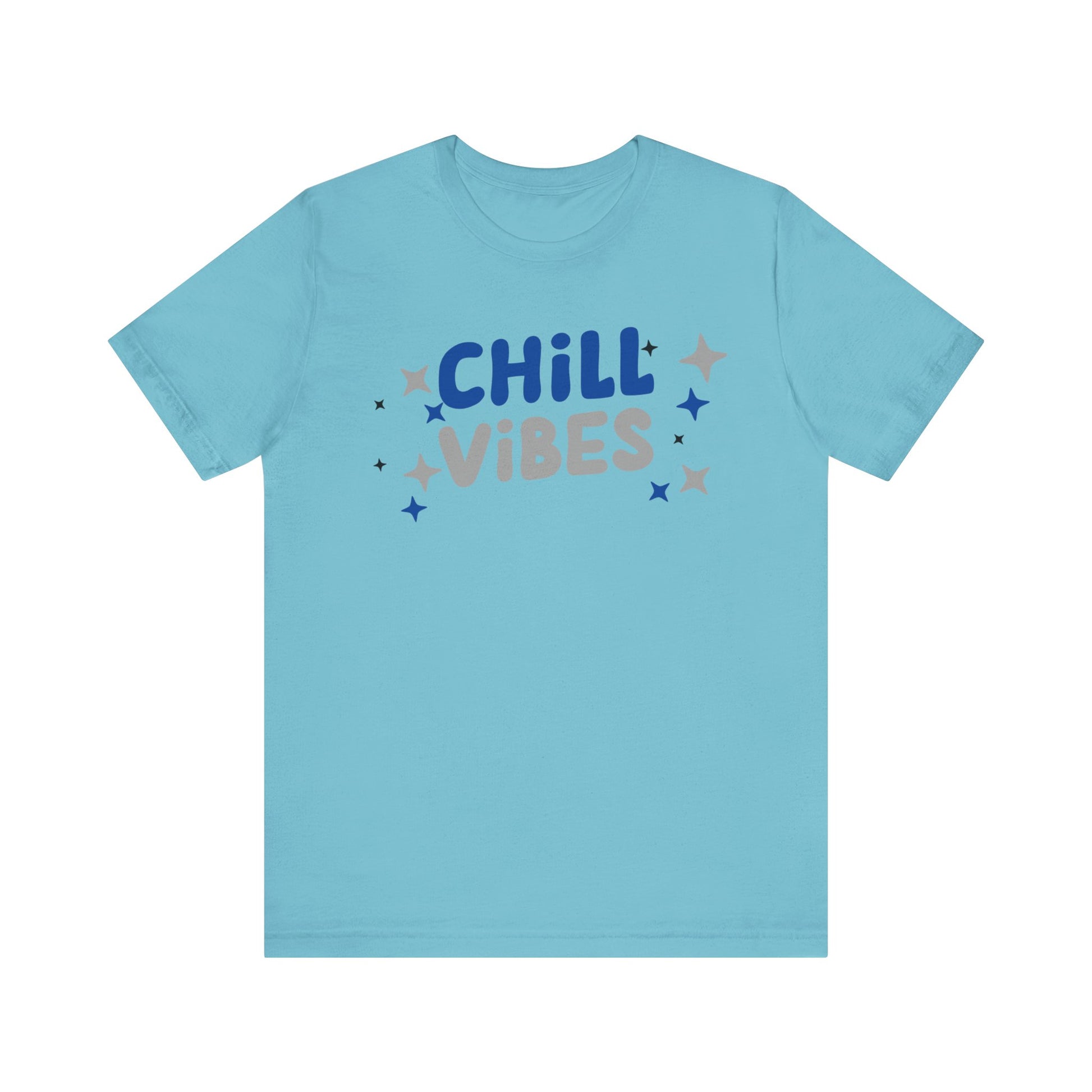Cotton graphic tee stating 'Chill Vibes' in color turquoise