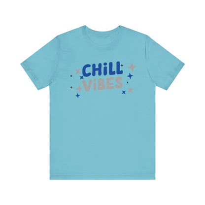 Cotton graphic tee stating 'Chill Vibes' in color turquoise