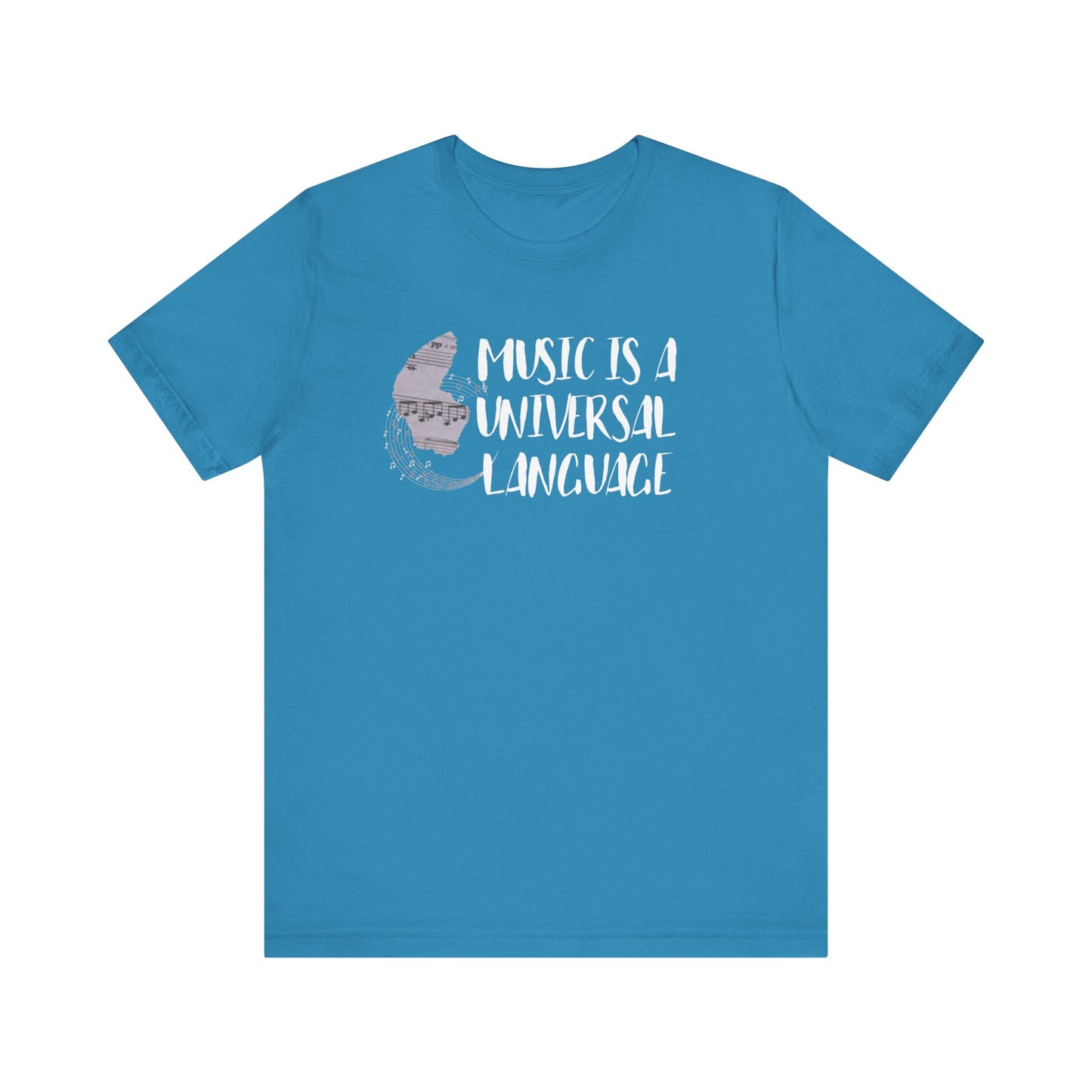 Unisex graphic good vibes tee stating 'Music is a universal language' in color aqua