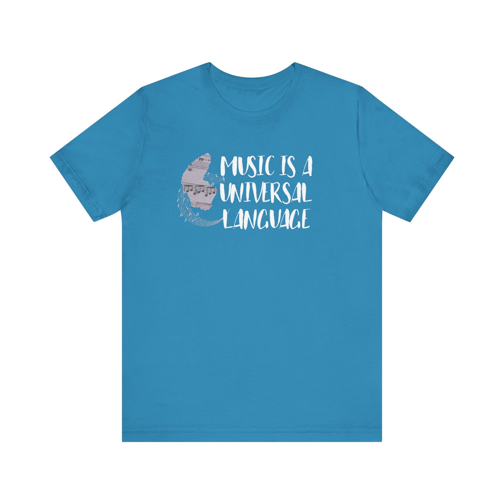 Unisex graphic good vibes tee stating 'Music is a universal language' in color aqua