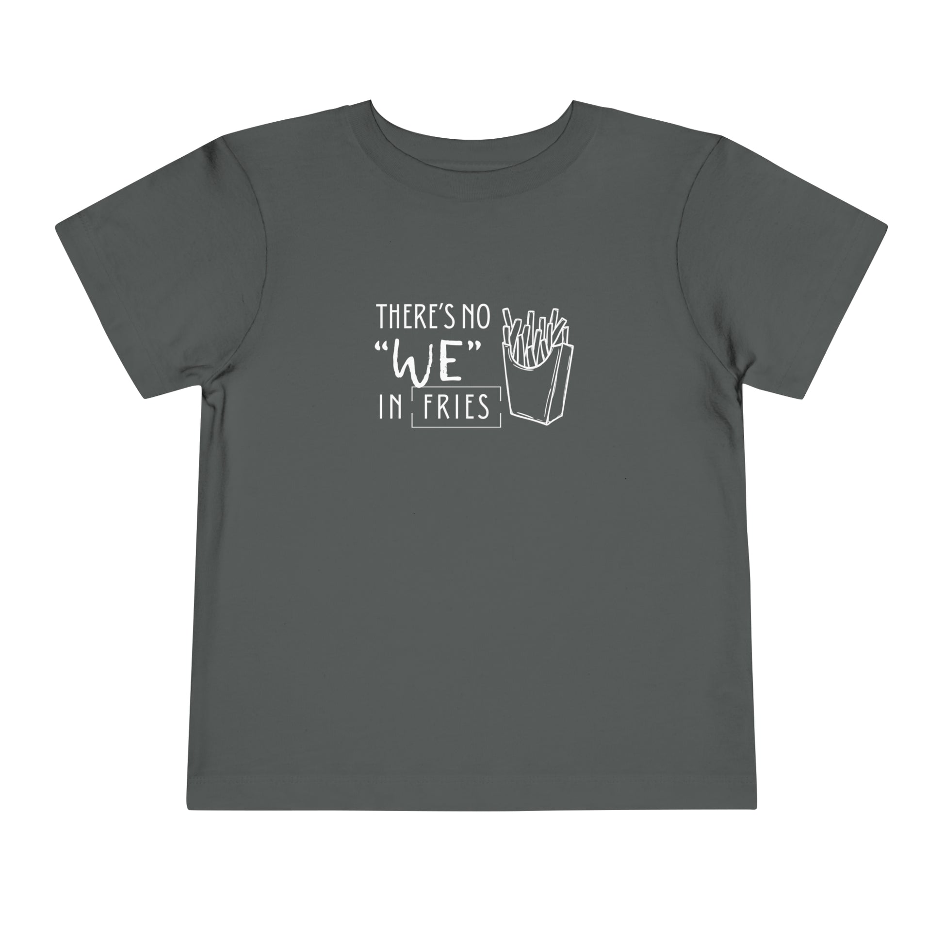 Comfortable funny graphic toddler tee stating 'no we in fries' in color asphalt