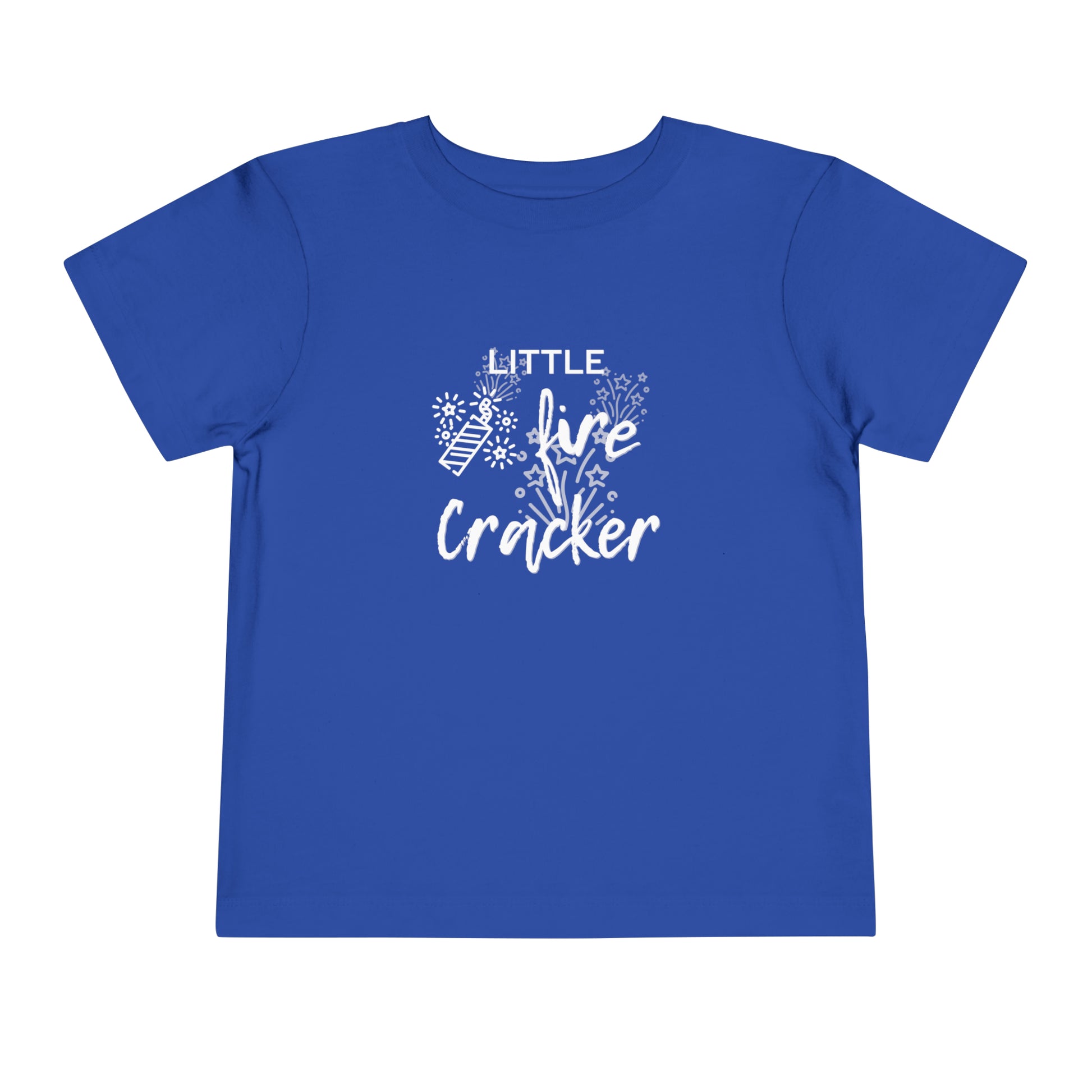 Comfortable funny graphic toddler tee stating 'Little Fire Cracker' in color true royal