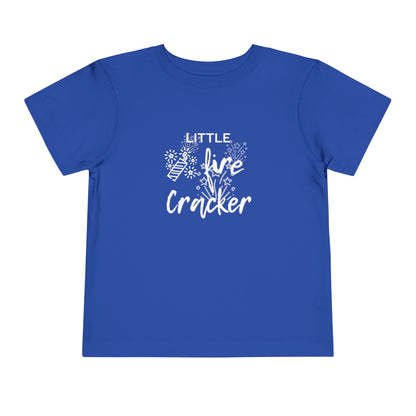Comfortable funny graphic toddler tee stating 'Little Fire Cracker' in color true royal
