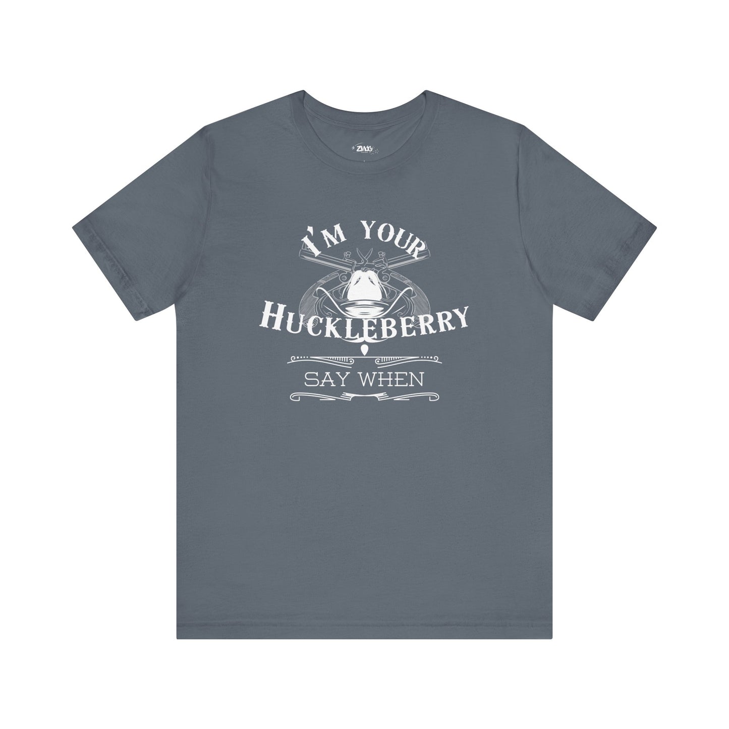 Comfortable movie quote graphic tee stating I'm Your Huckleberry - Say When in color asphalt