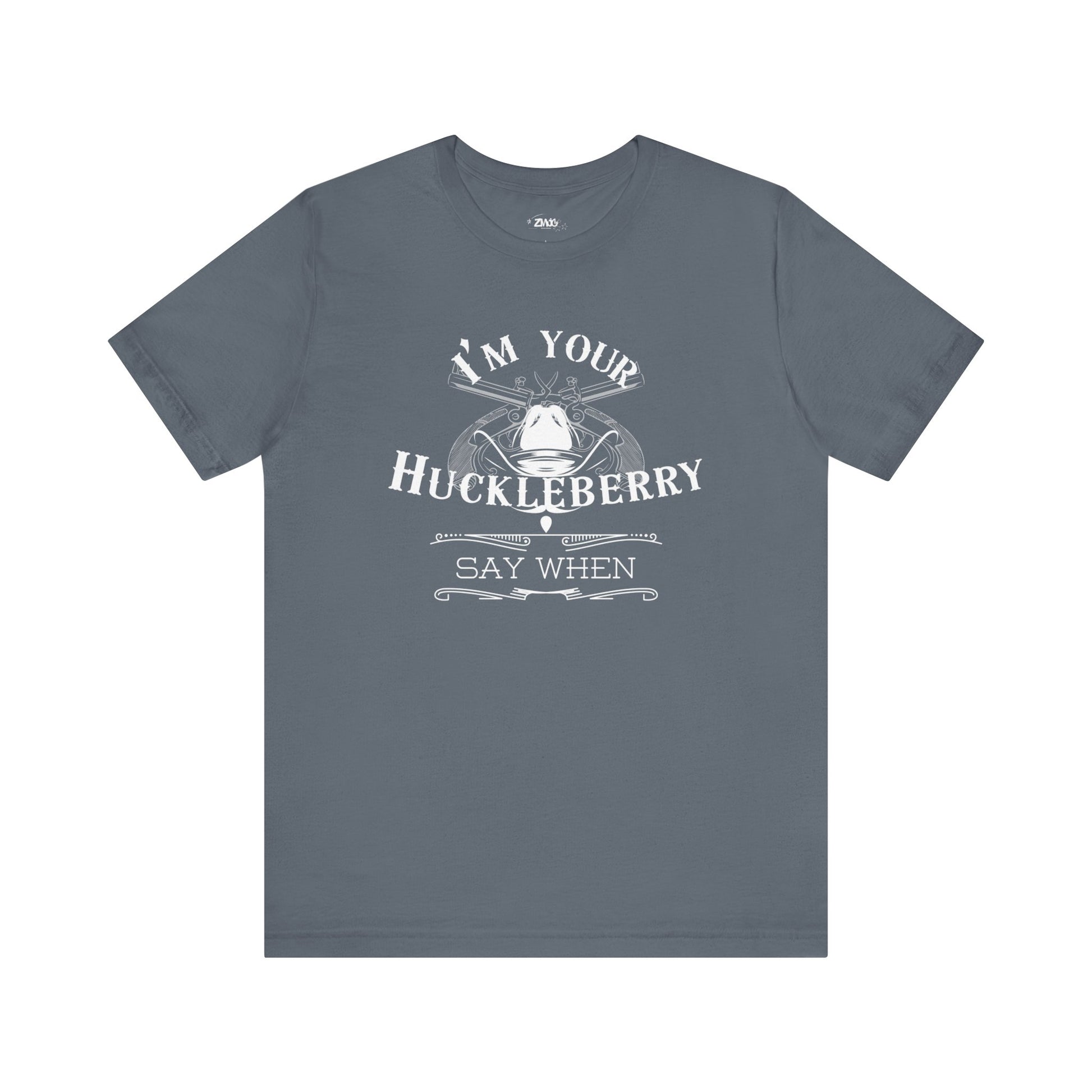 Comfortable movie quote graphic tee stating I'm Your Huckleberry - Say When in color asphalt