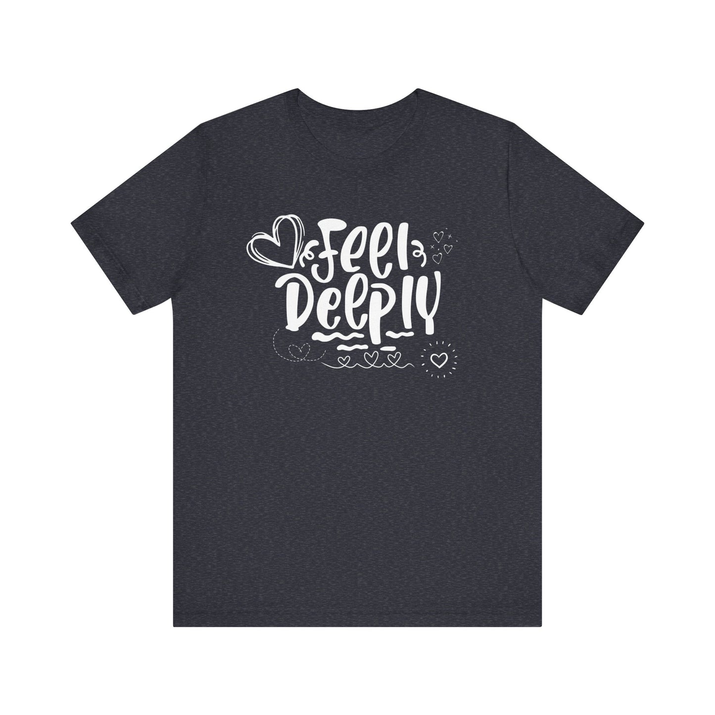 Graphic good vibes tee stating 'Feel Deeply' in color navy heather