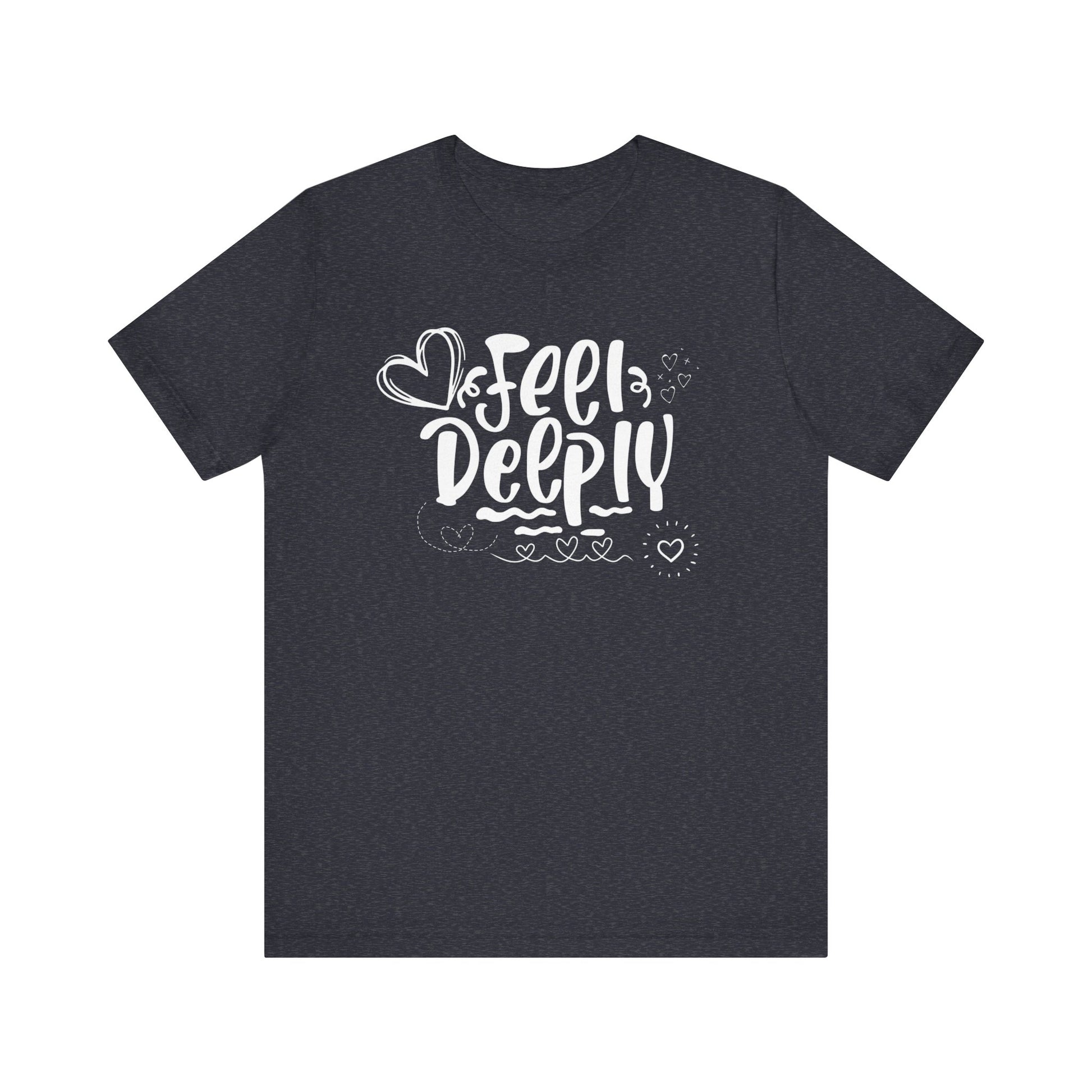 Graphic good vibes tee stating 'Feel Deeply' in color navy heather