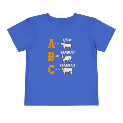 Comfy southern toddler tee stating 'A is for Angus. B is for Brahman. C is for Charolais.' in color true royal