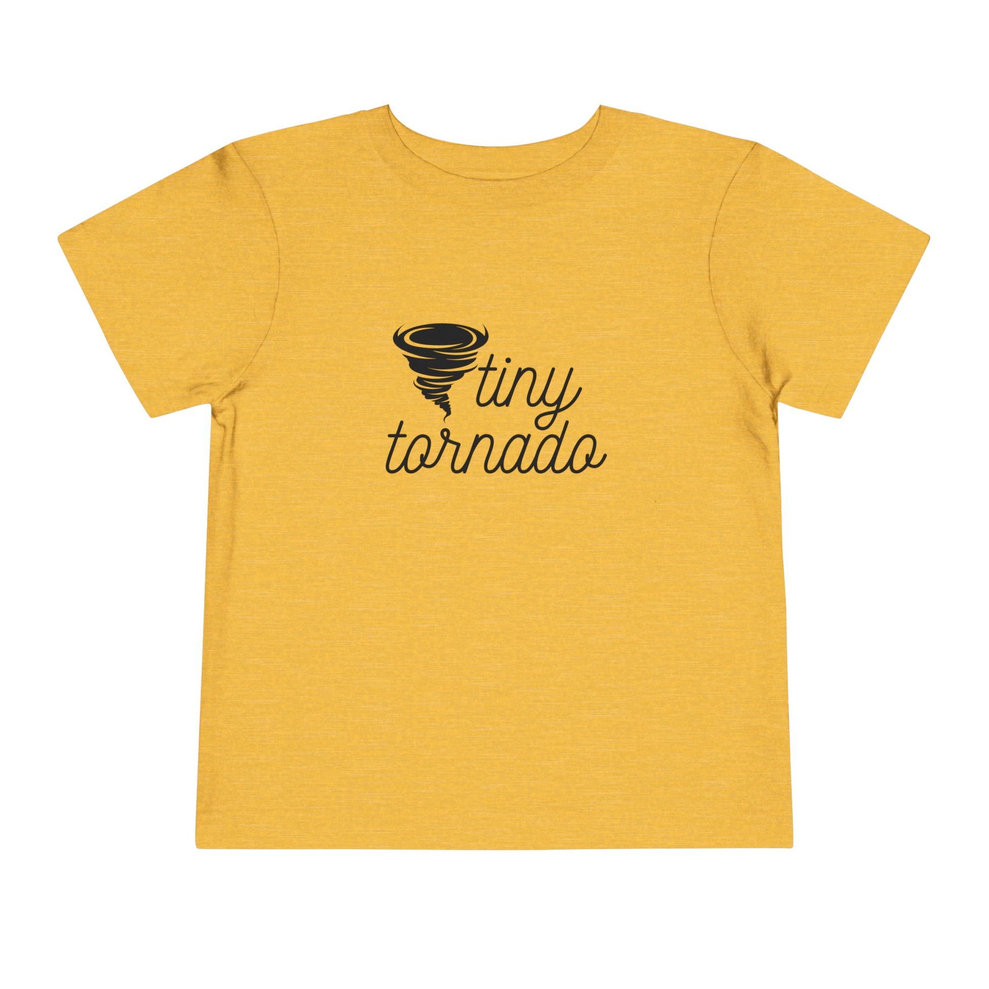 Comfortable funny graphic toddler tee stating 'Tiny Tornado' in color golden yellow heather