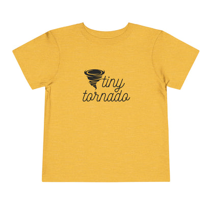 Comfortable funny graphic toddler tee stating 'Tiny Tornado' in color golden yellow heather