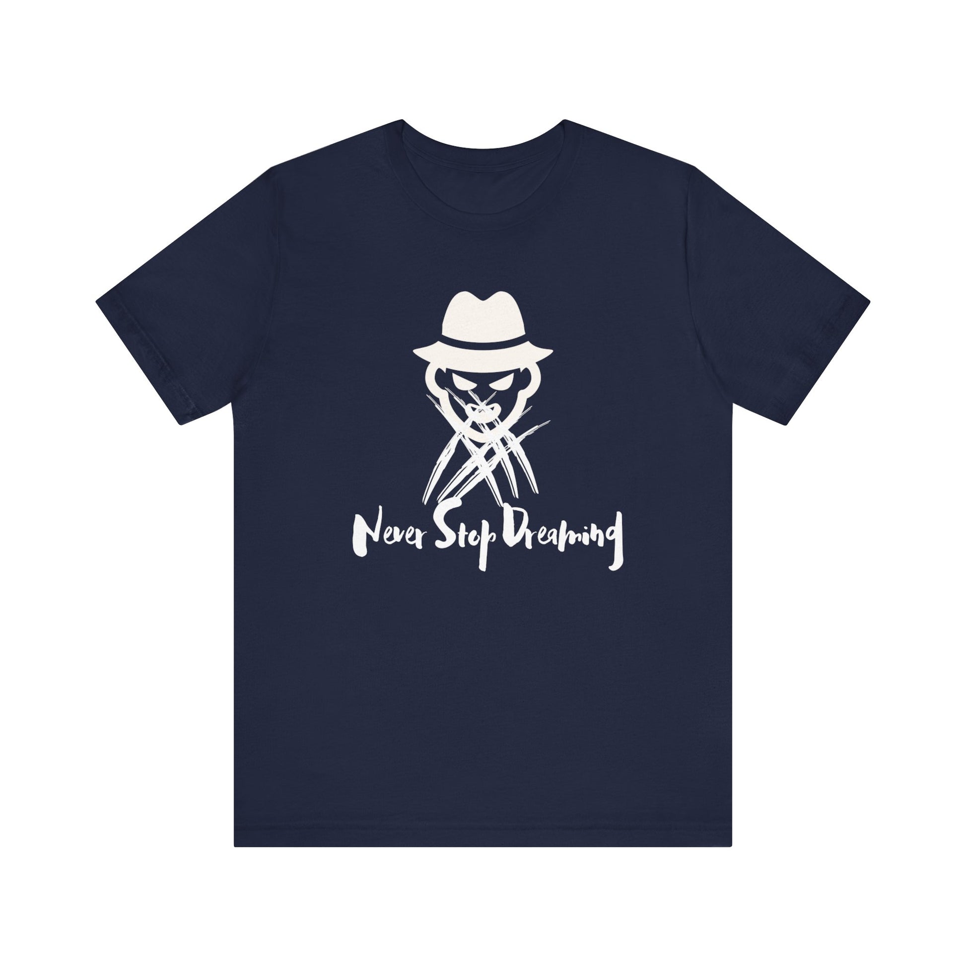 Comfortable Halloween unisex tee with Freddy Kruegar that states 'Never Stop Dreaming' in color navy
