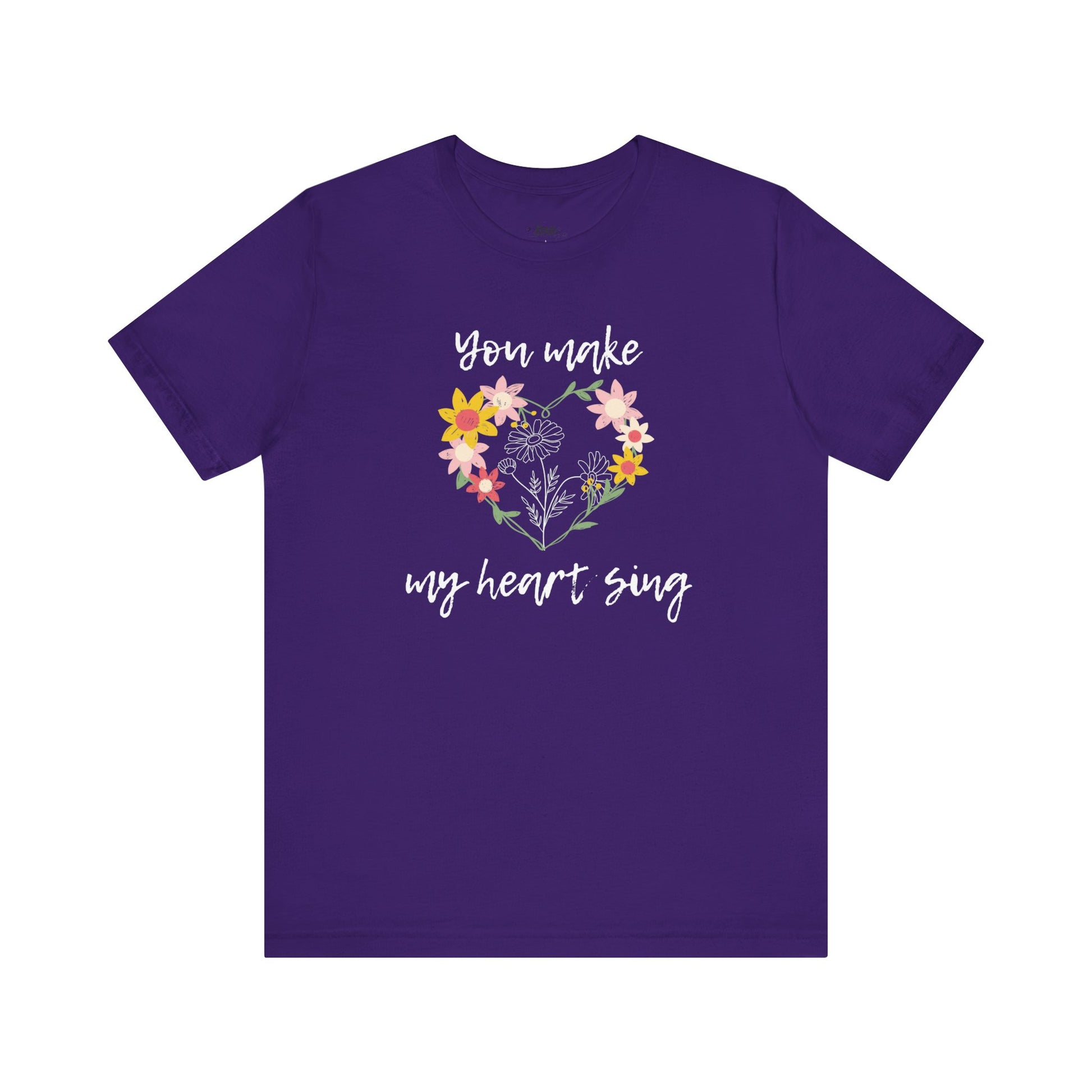 Adult graphic tee stating 'You Make My Heart Sing' in color purple