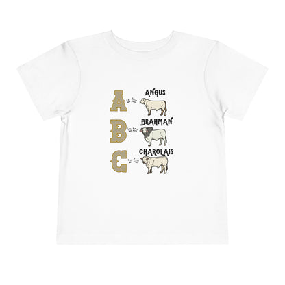 Comfy southern toddler tee stating 'A is for Angus. B is for Brahman. C is for Charolais.' in color white