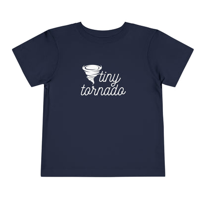 Comfortable funny graphic toddler tee stating 'Tiny Tornado' in color navy