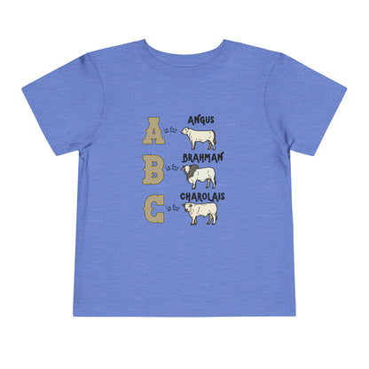 Comfy southern toddler tee stating 'A is for Angus. B is for Brahman. C is for Charolais.' in color heather columbia