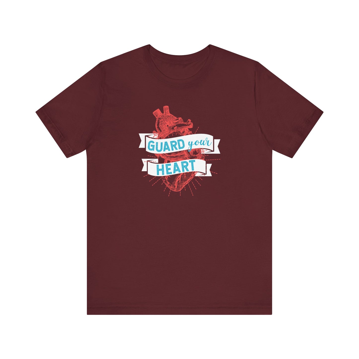 A cotton graphic tee stating 'Guard Your Heart' in color maroon