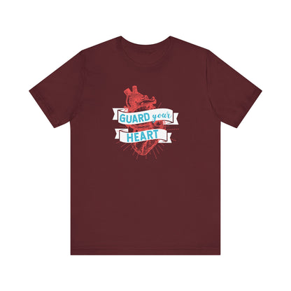 A cotton graphic tee stating 'Guard Your Heart' in color maroon