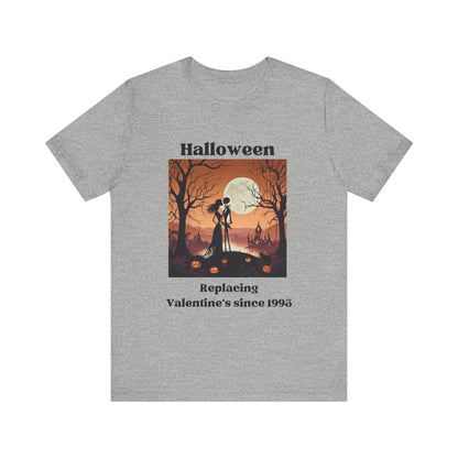Comfy unisex tee stating 'Halloween replacing Valentine's since 1993' in color athletic heather