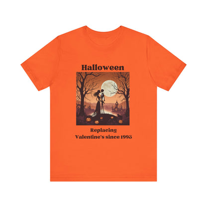 Comfy unisex tee stating 'Halloween replacing Valentine's since 1993' in color orange