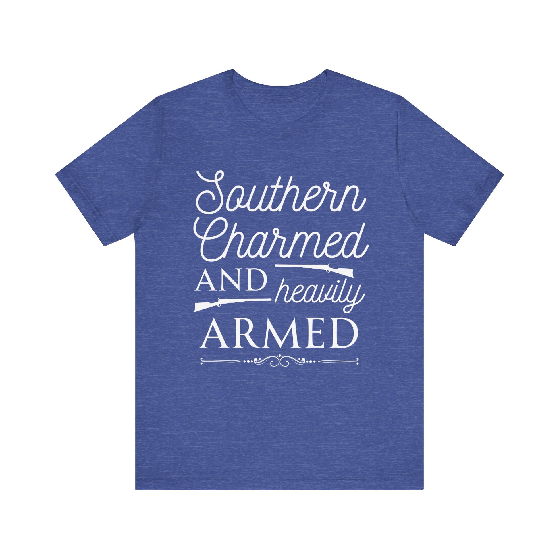 Adult unisex t-shirt stating 'Southern Charmed and Heavily Armed' in color true royal heather