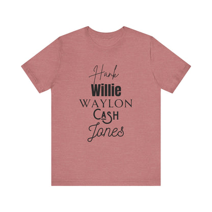 Comfortable Southern Tee stating 'Hank, Willie, Waylon, Cash, Jones' in color heather mauve