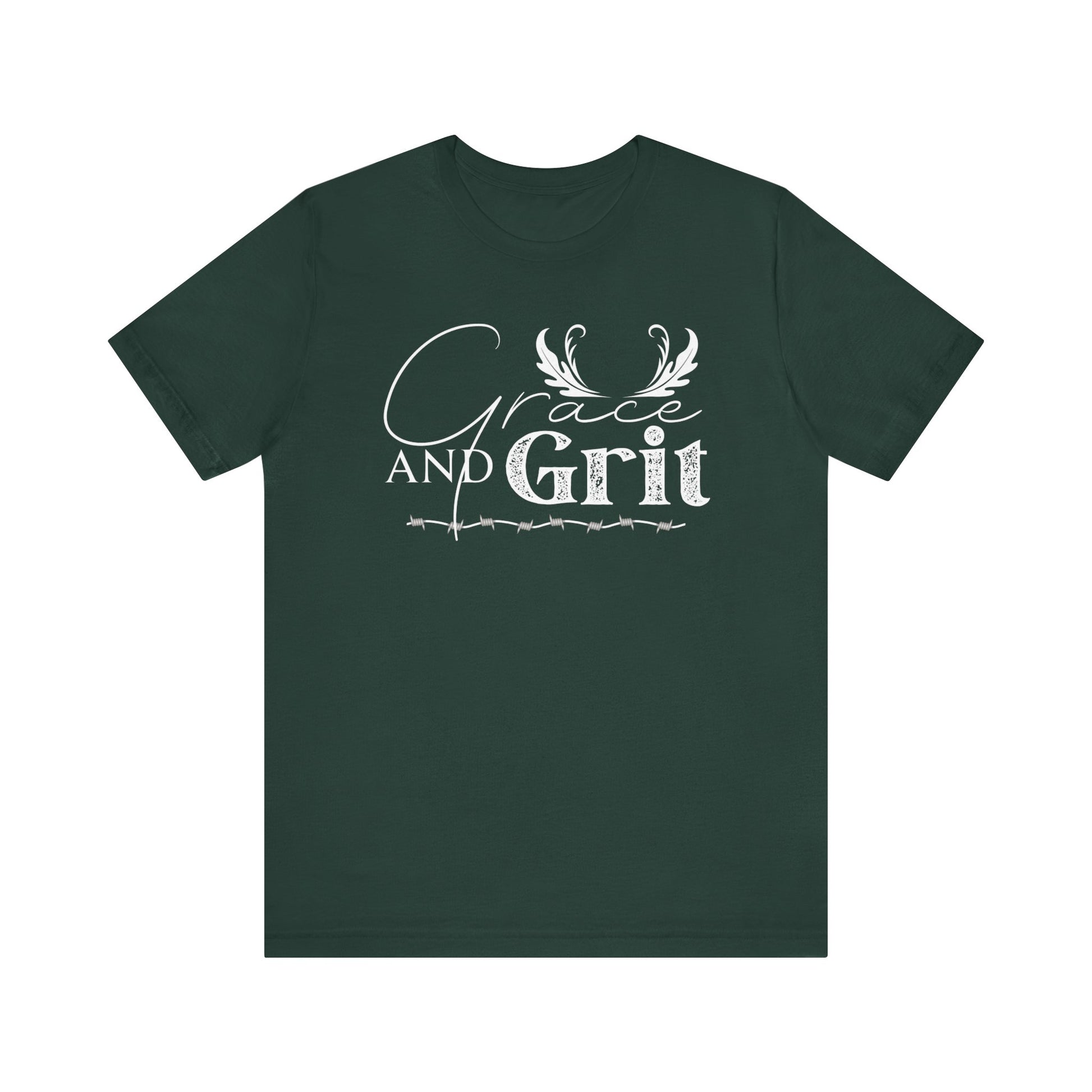 Comfortable southern tee stating 'Grace and Grit' in color forest