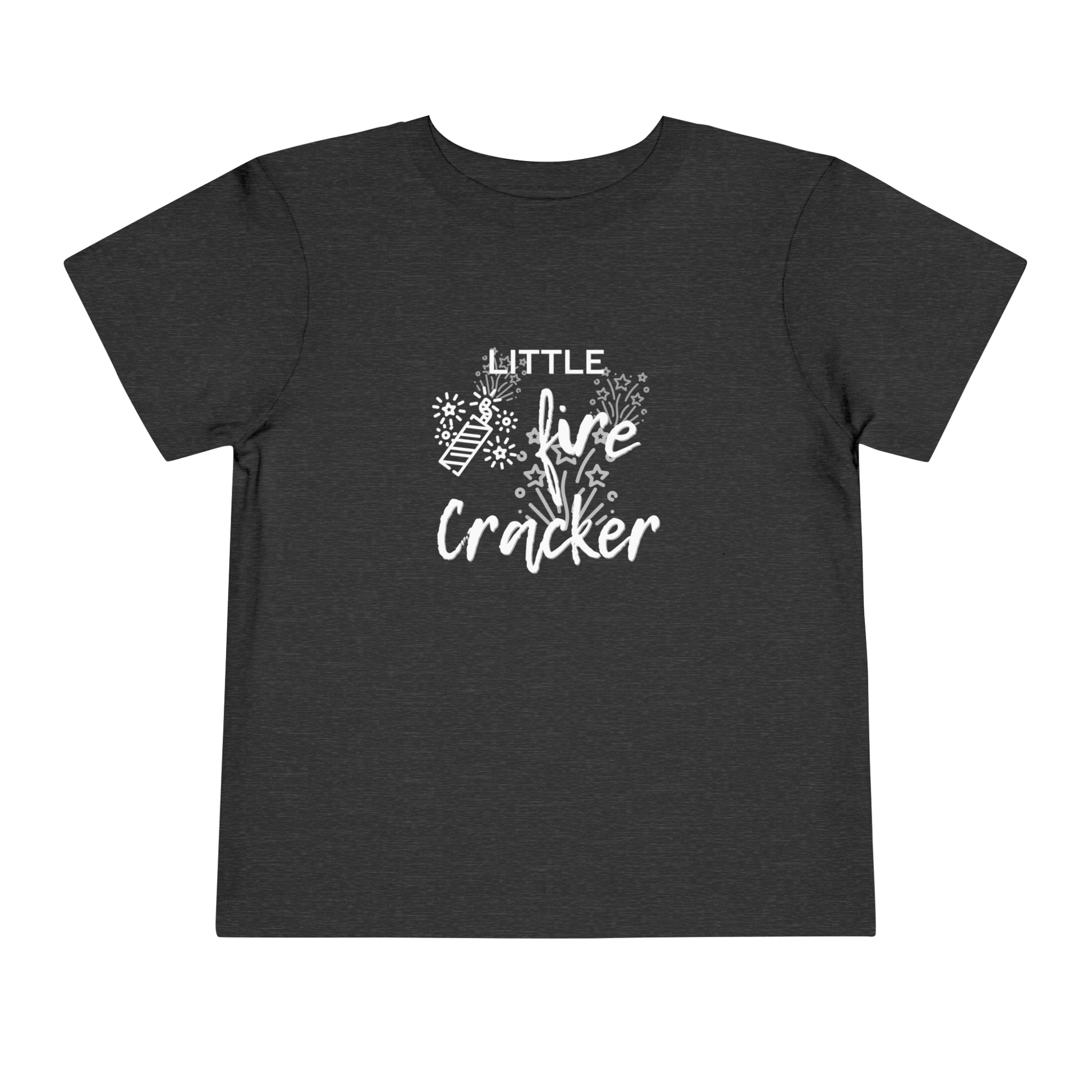 Comfortable funny graphic toddler tee stating 'Little Fire Cracker' in color dark grey heather