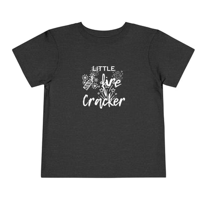 Comfortable funny graphic toddler tee stating 'Little Fire Cracker' in color dark grey heather