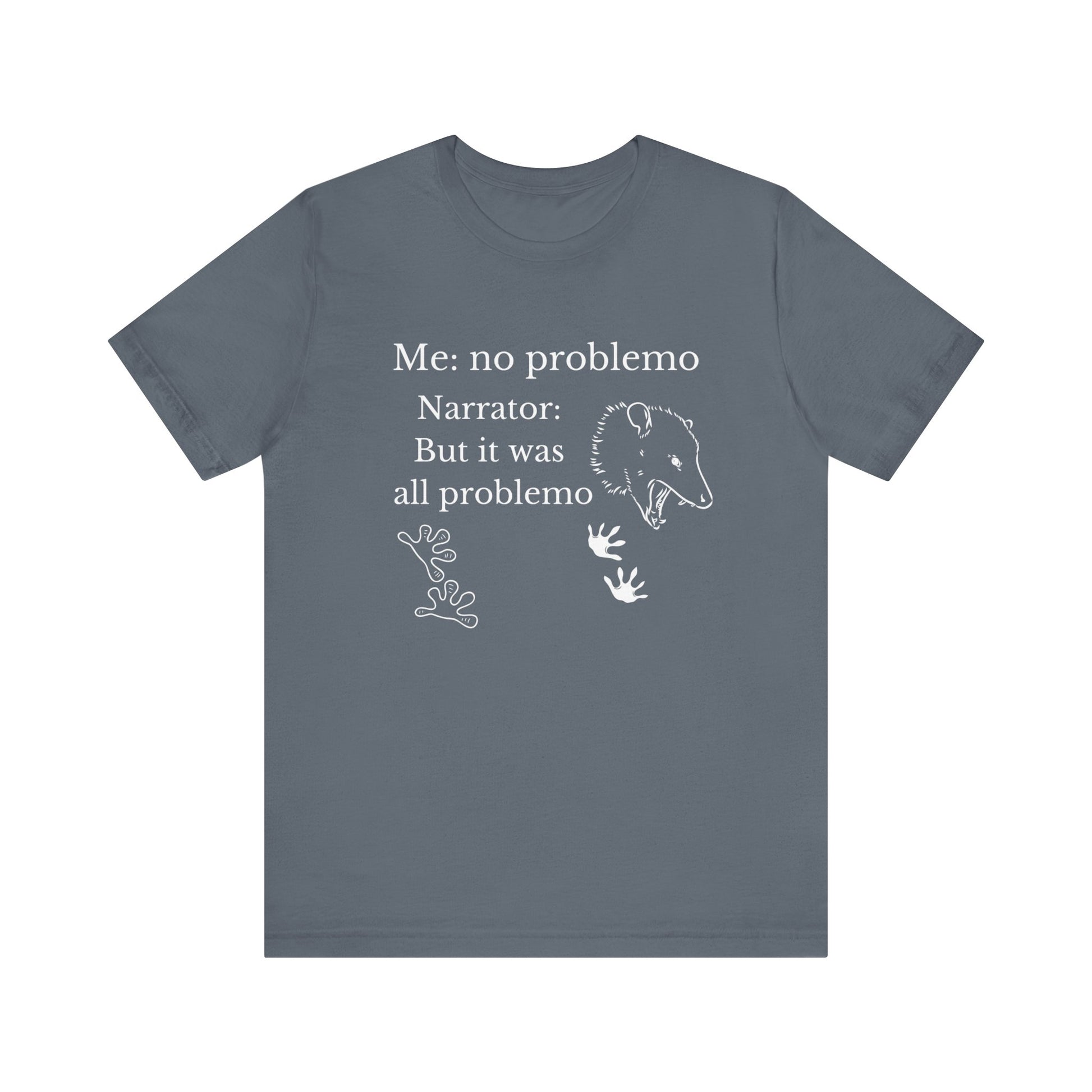 Funny graphic tee stating 'Me: no problemo - Narrator: but it was all problemo' in color steel blue