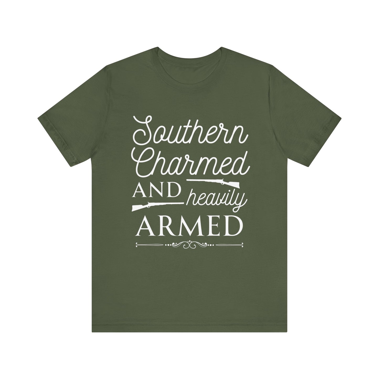 Adult unisex t-shirt stating 'Southern Charmed and Heavily Armed' in color military green
