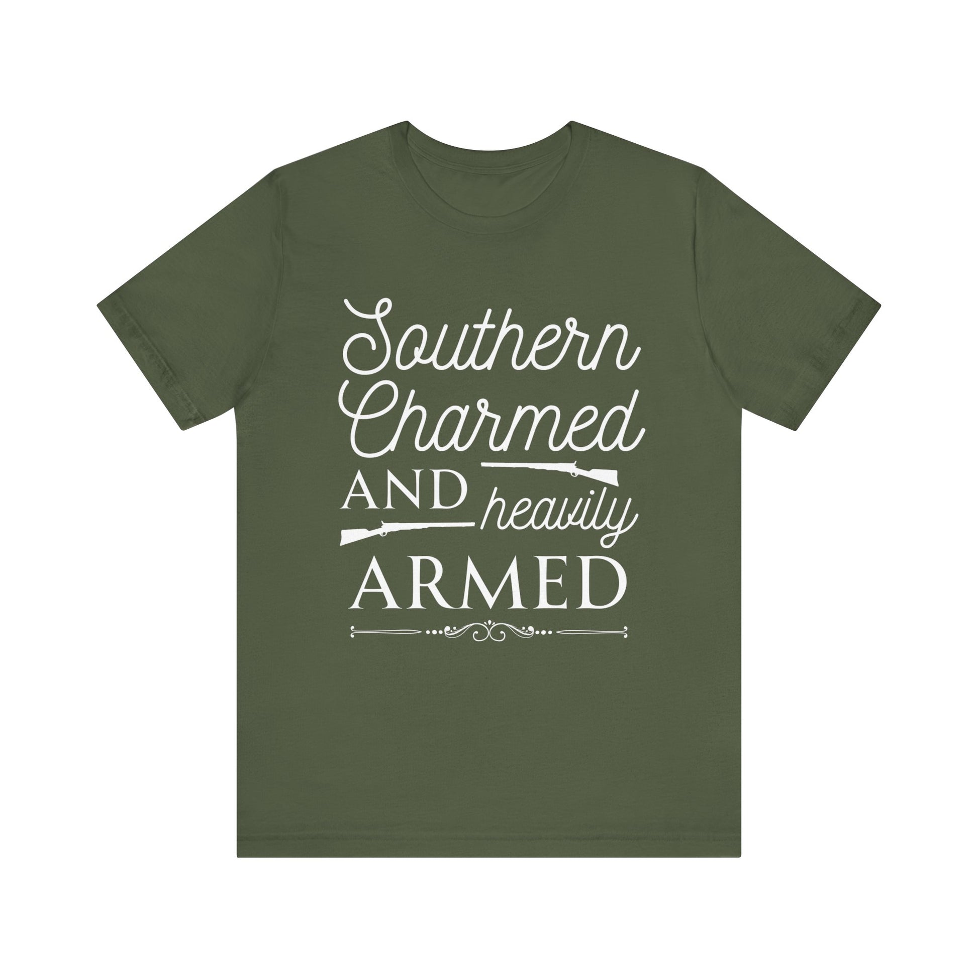 Adult unisex t-shirt stating 'Southern Charmed and Heavily Armed' in color military green