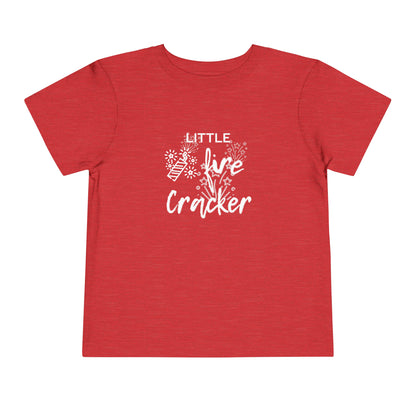 Comfortable funny graphic toddler tee stating 'Little Fire Cracker' in color red heather