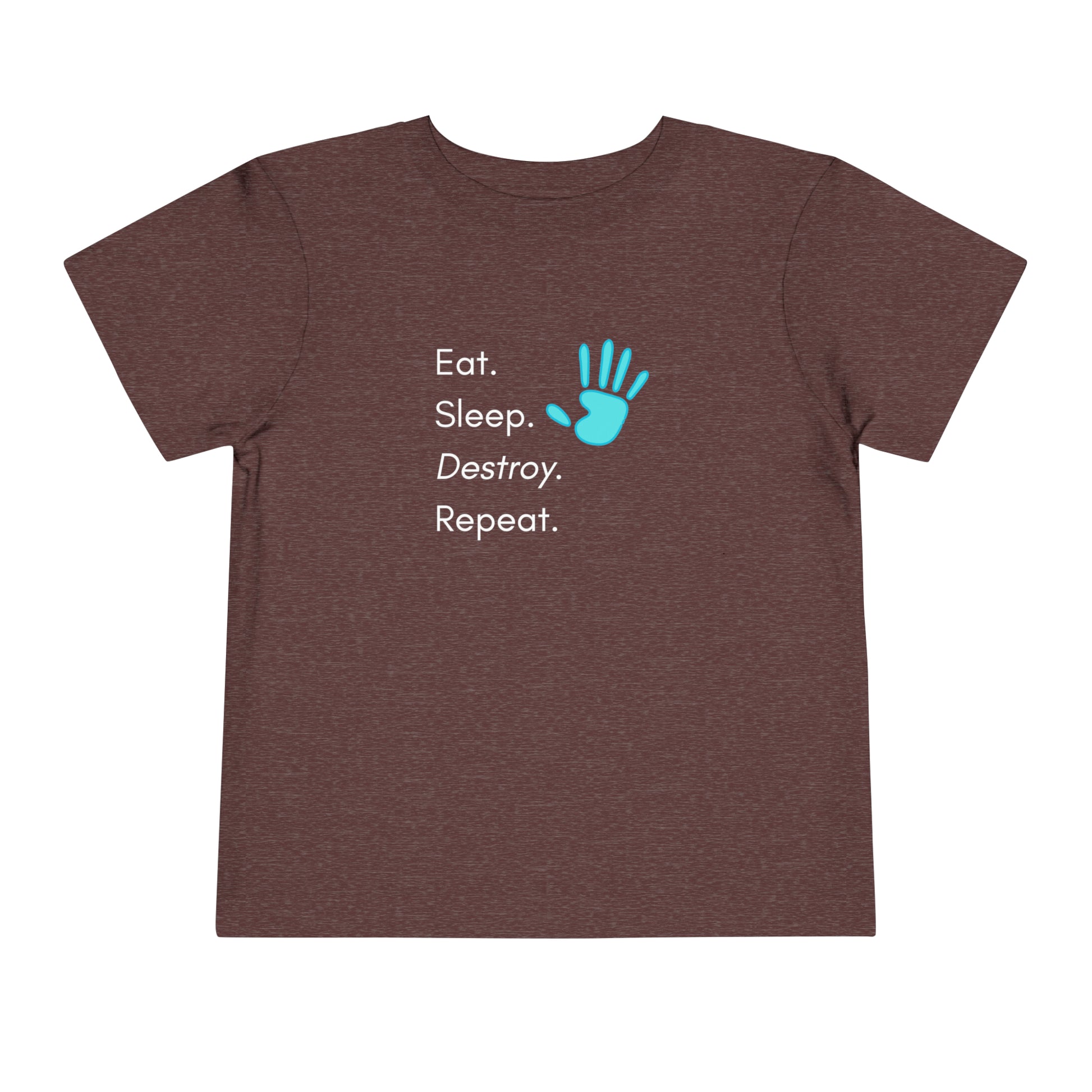 Comfortable funny graphic toddler tee stating 'Eat. Sleep. Destroy. Repeat' in color heather maroon