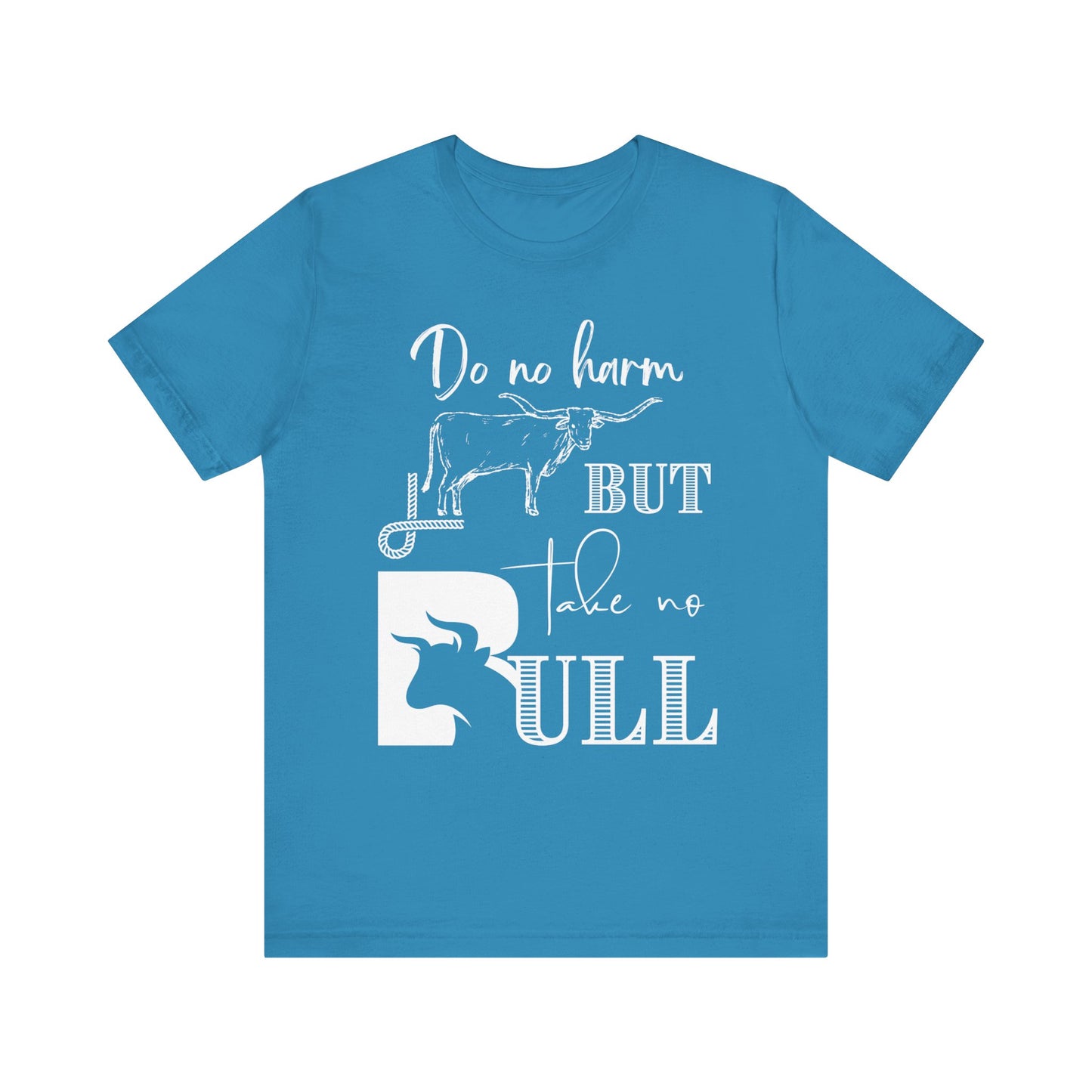 Unisex Southern Tee stating 'Do No Harm But Take No Bull' in color aqua
