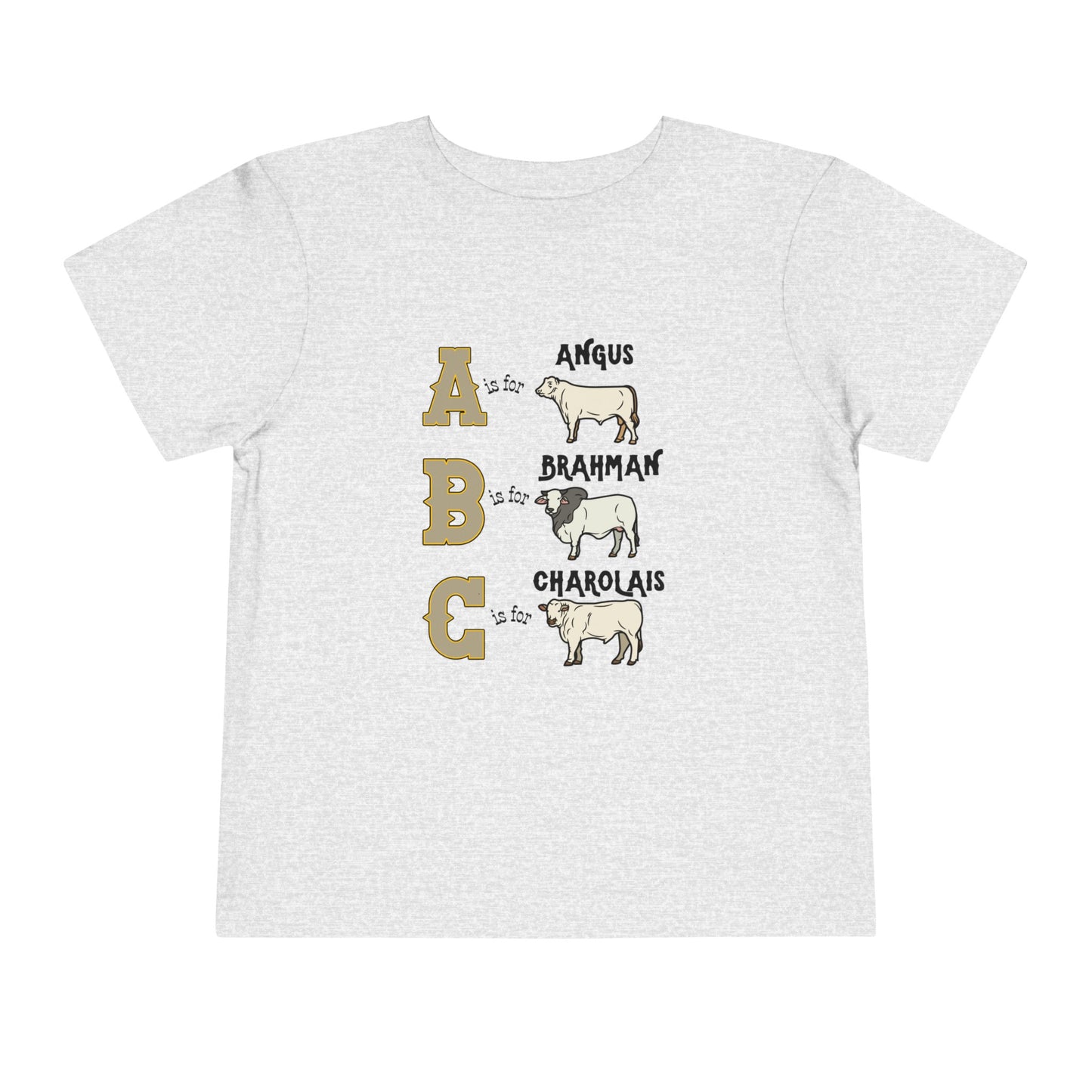 Comfy southern toddler tee stating 'A is for Angus. B is for Brahman. C is for Charolais.' in color athletic heather