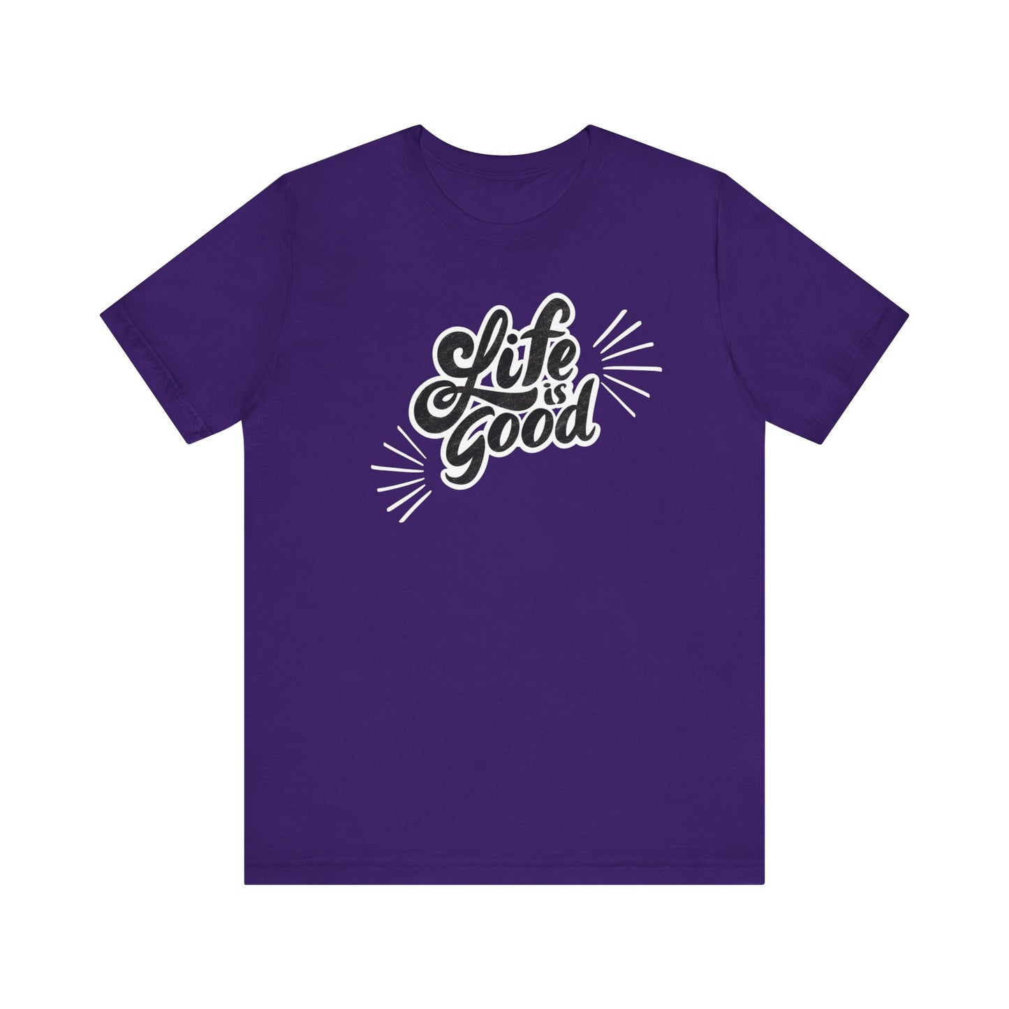 Folded cotton shirt stating 'Life is Good' in color purple