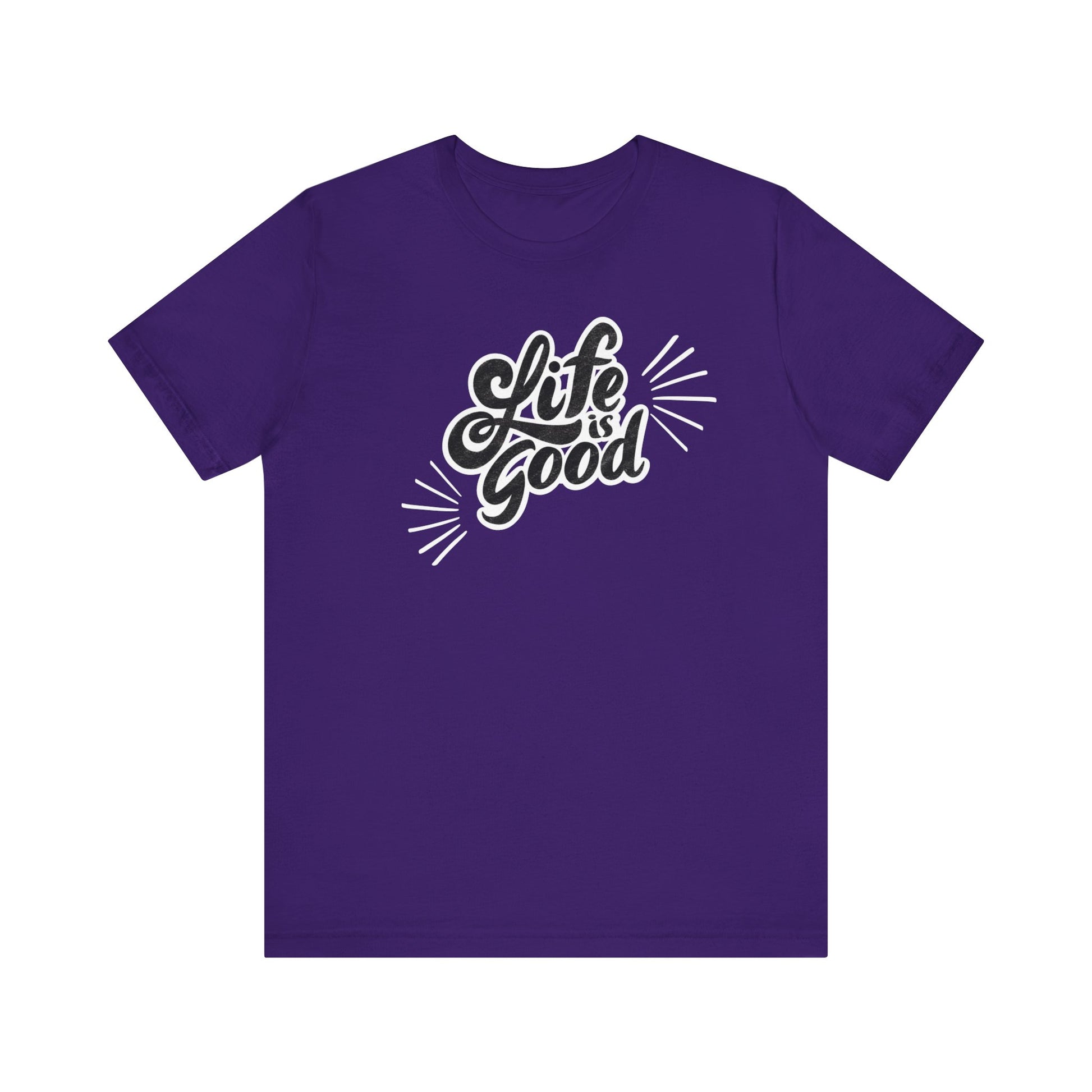 Folded cotton shirt stating 'Life is Good' in color purple