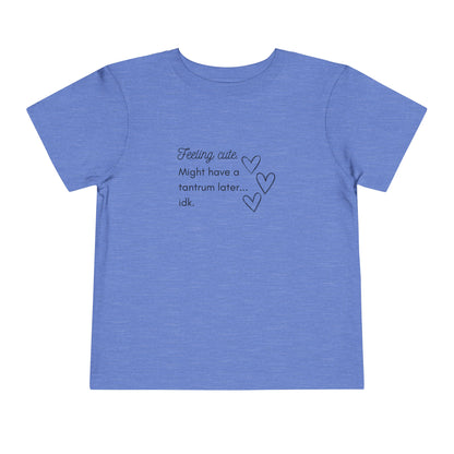 Comfortable funny graphic toddler tee stating 'Feeling cute. Might have a tantrum later...idk' in color heather columbia blue