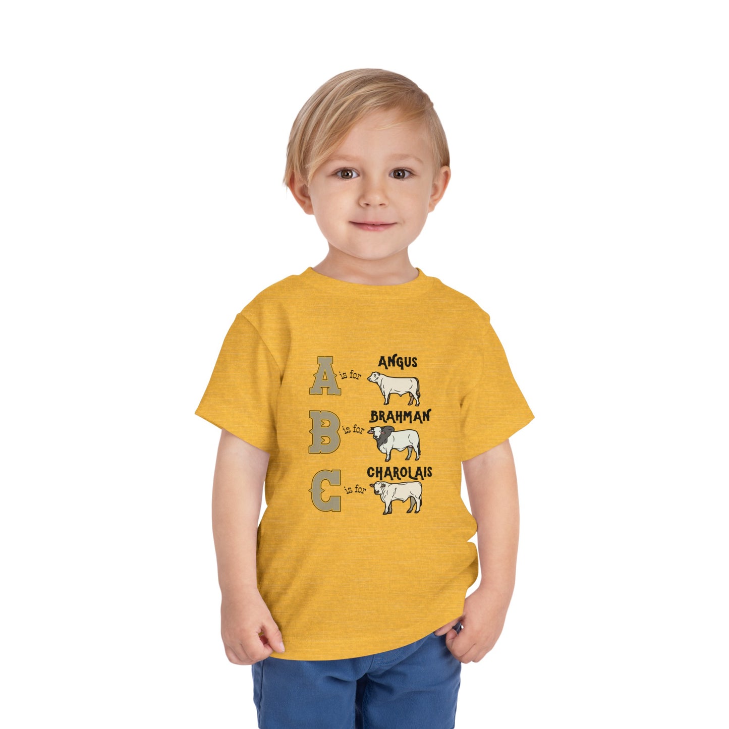 Comfy southern toddler tee stating 'A is for Angus. B is for Brahman. C is for Charolais.' in color heather yellow gold