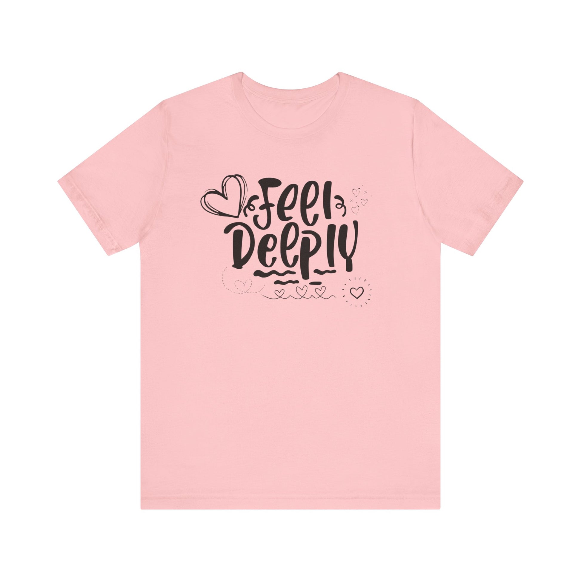 Graphic good vibes tee stating 'Feel Deeply' in color pink
