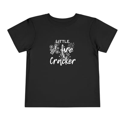 Comfortable funny graphic toddler tee stating 'Little Fire Cracker' in color black