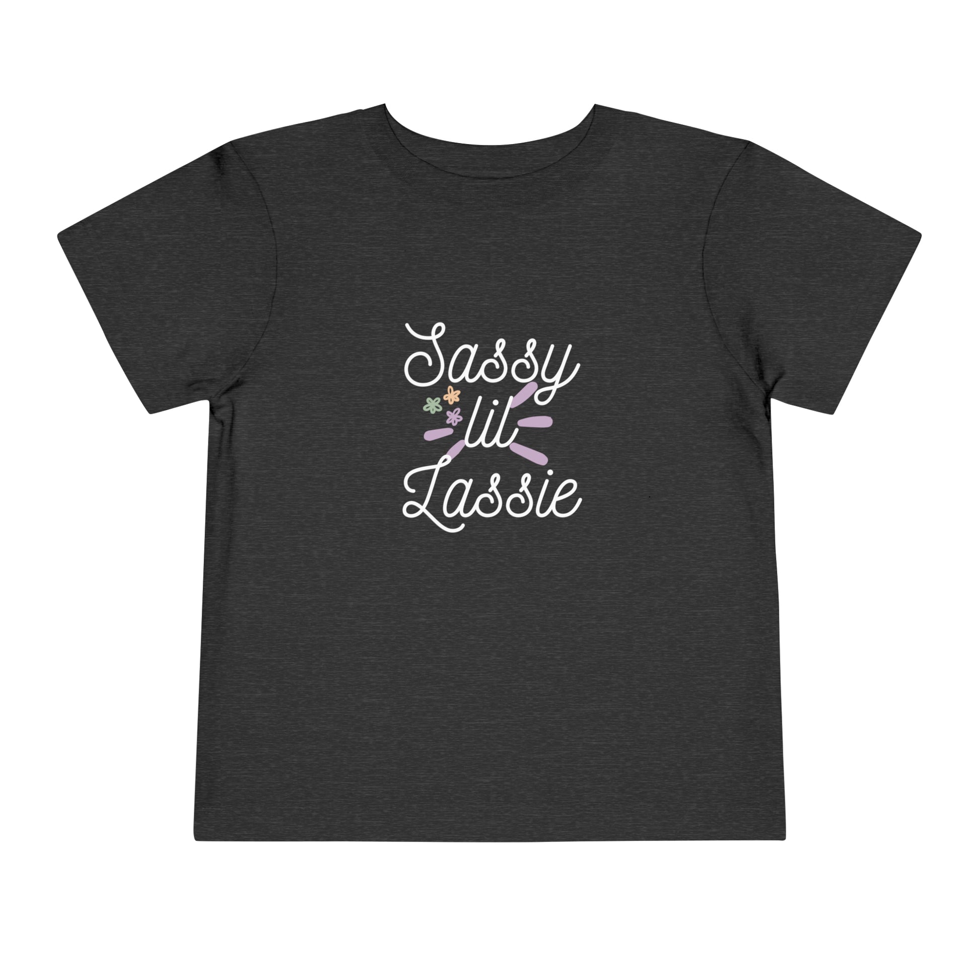 Comfortable funny graphic toddler tee stating 'Sassy Lil Lassie' in color  dark grey heather