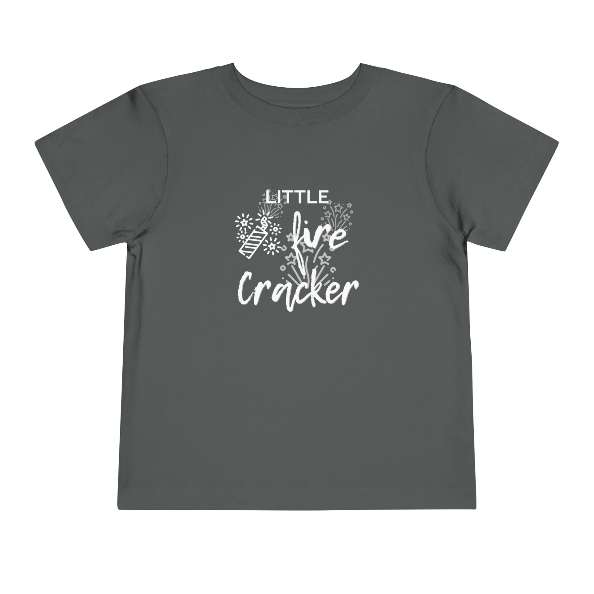 Comfortable funny graphic toddler tee stating 'Little Fire Cracker' in color asphalt