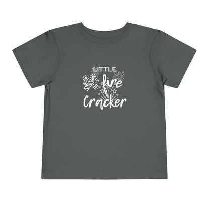 Comfortable funny graphic toddler tee stating 'Little Fire Cracker' in color asphalt