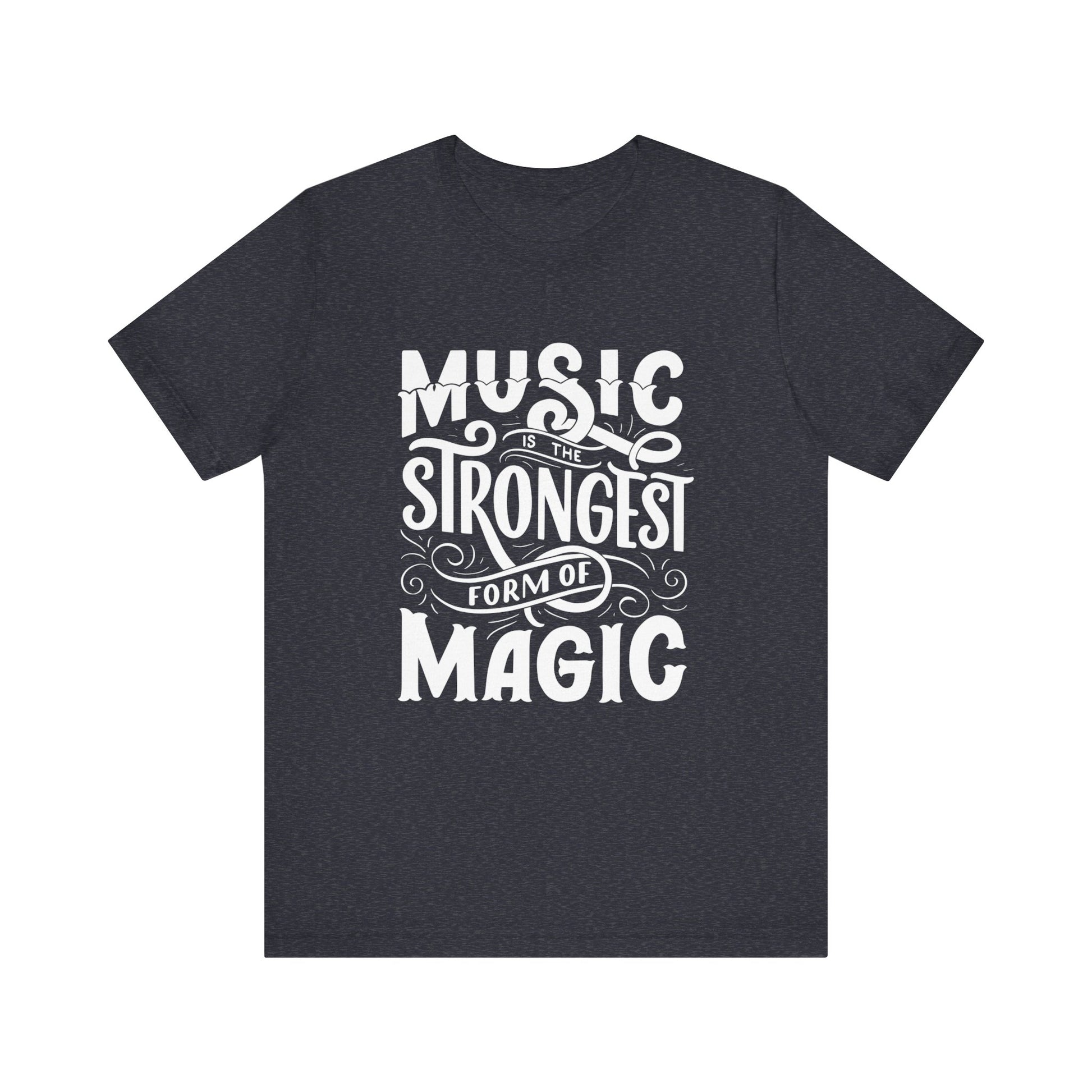 A comfortable good vibes tee stating 'Music is the strongest form of magic' in color navy heather