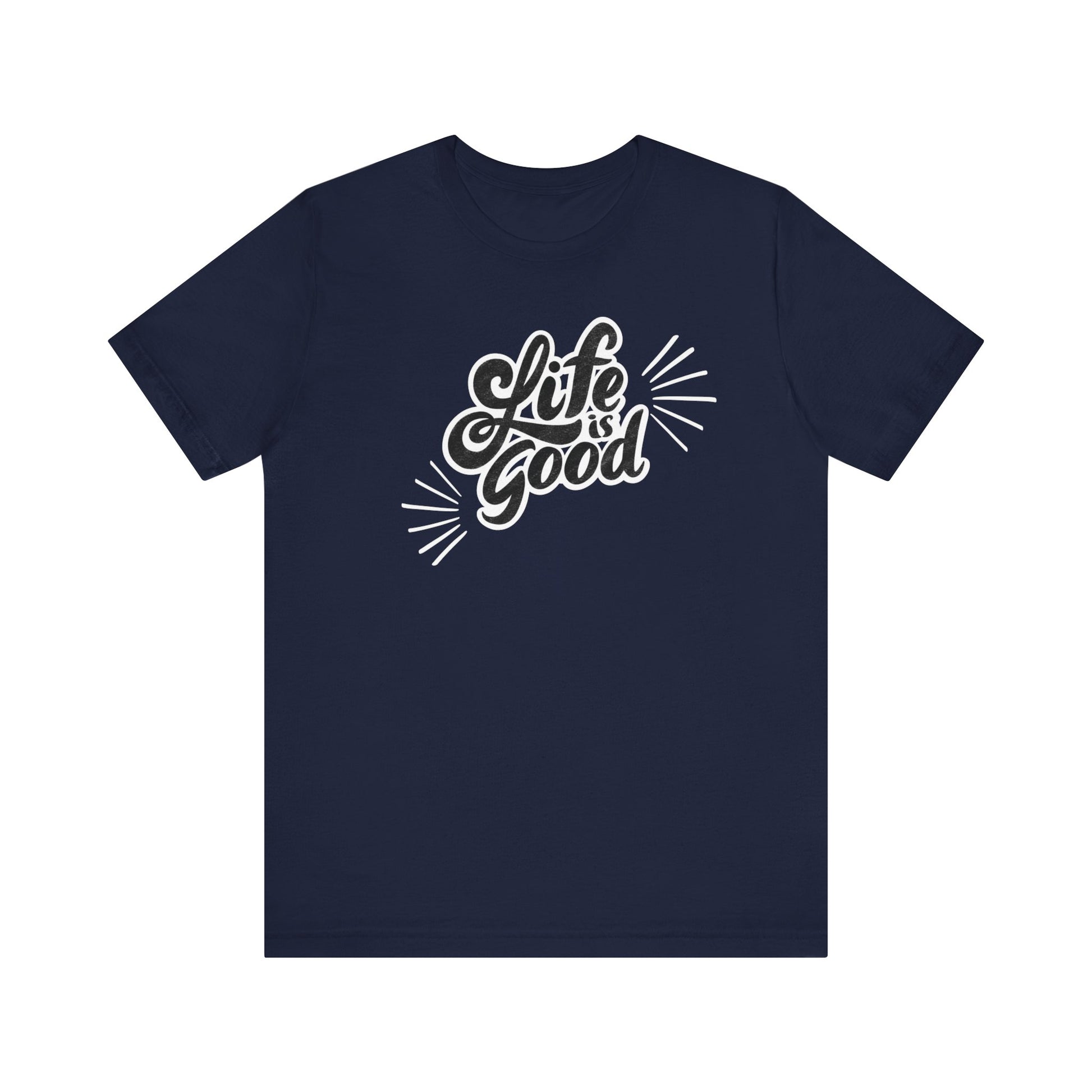 Folded cotton shirt stating 'Life is Good' in color navy