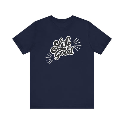 Folded cotton shirt stating 'Life is Good' in color navy